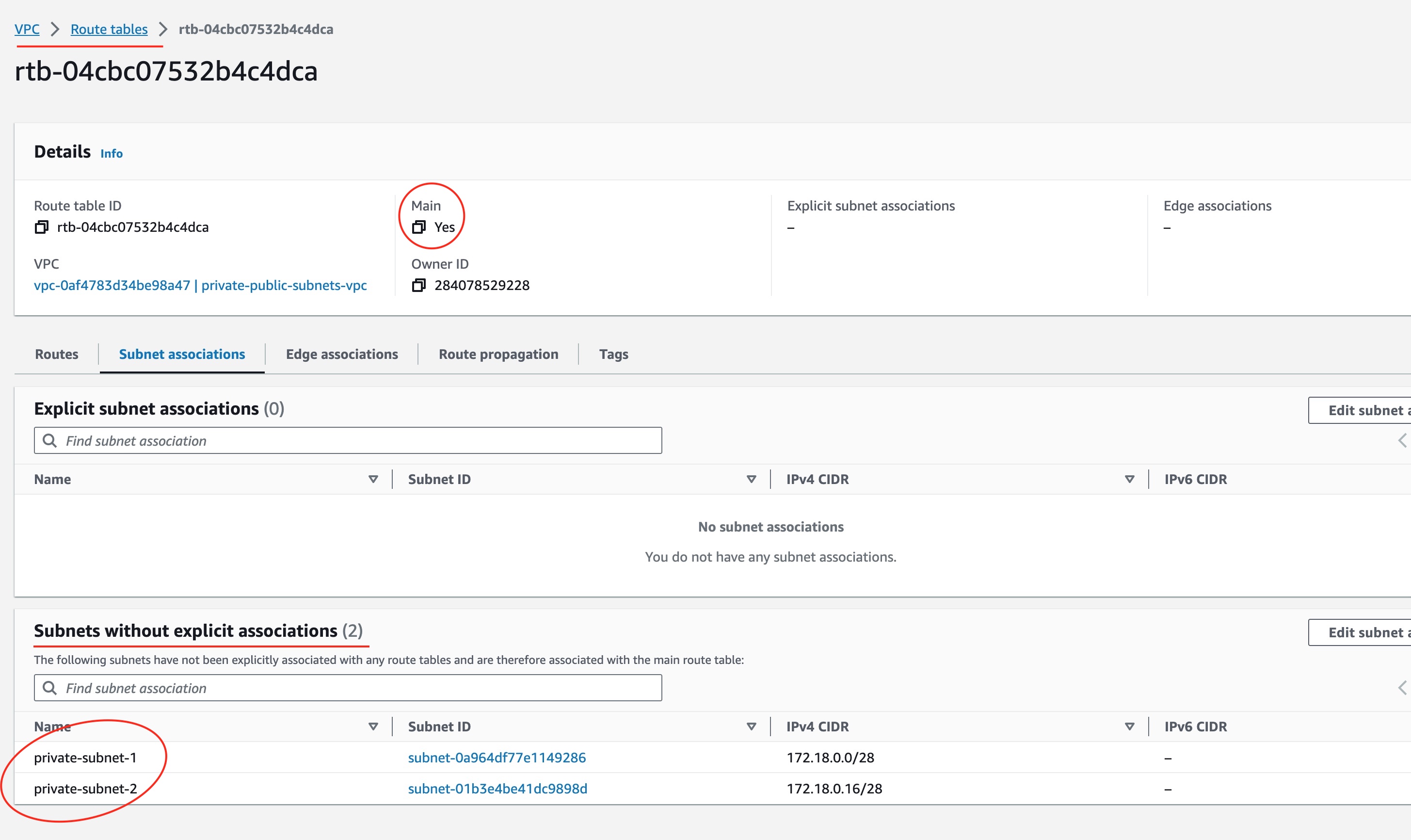 Main Route Table Implicit Association to two Subnets